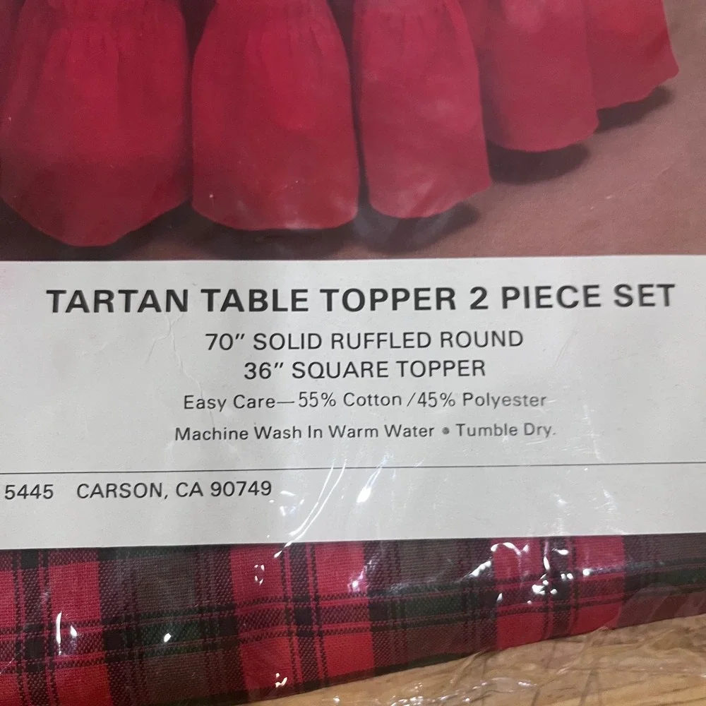 Vtg Foreston Trends Tartan Table Topper 2 Piece Set Red Plaid Ruffled Round 70in